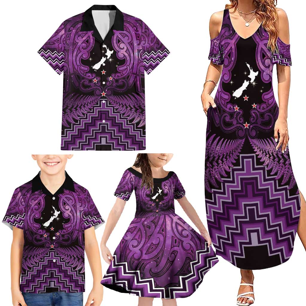 Personalised Aotearoa Matariki Family Matching Summer Maxi Dress and Hawaiian Shirt Purple Fern Maori Poutama LT01 - Polynesian Pride