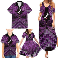 Personalised Aotearoa Matariki Family Matching Summer Maxi Dress and Hawaiian Shirt Purple Fern Maori Poutama LT01 - Polynesian Pride