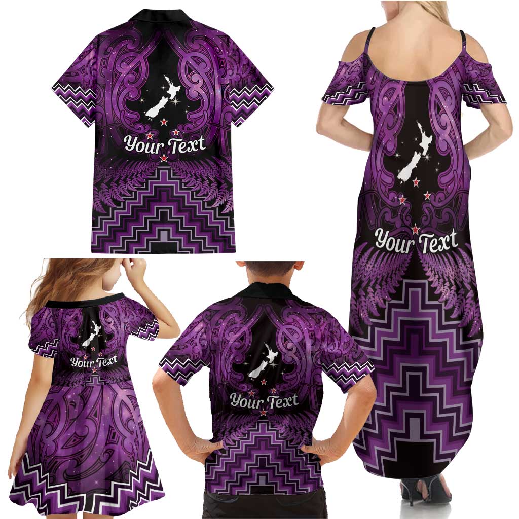 Personalised Aotearoa Matariki Family Matching Summer Maxi Dress and Hawaiian Shirt Purple Fern Maori Poutama LT01 - Polynesian Pride