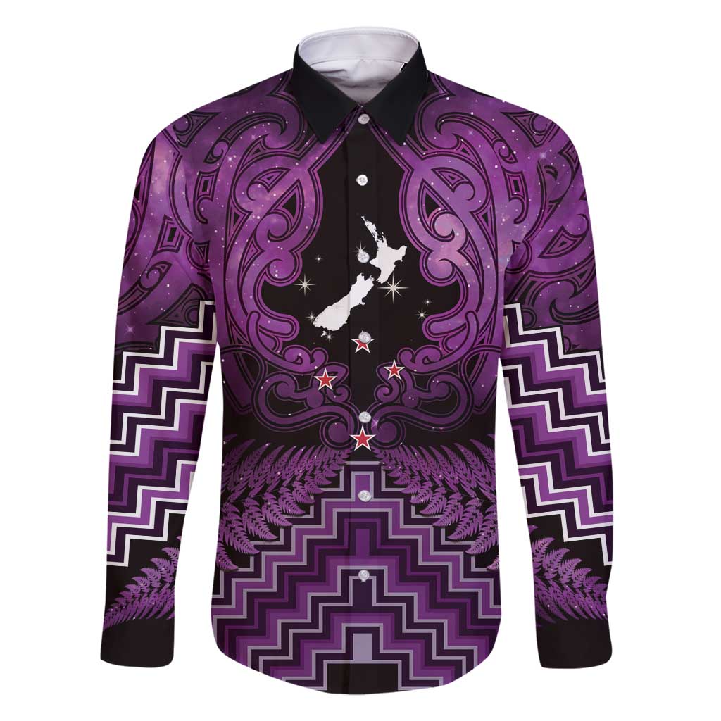 Personalised Aotearoa Matariki Family Matching Summer Maxi Dress and Hawaiian Shirt Purple Fern Maori Poutama LT01 Dad's Shirt - Long Sleeve Purple - Polynesian Pride