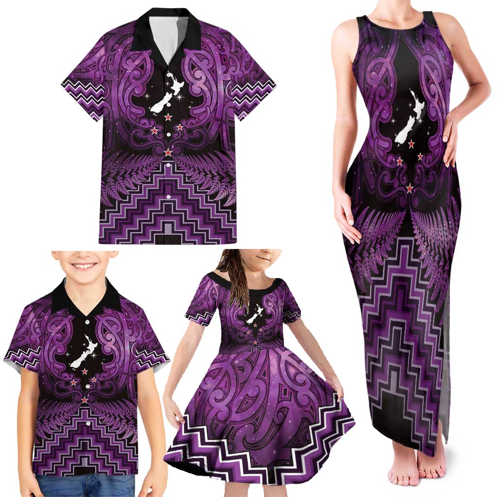 Personalised Aotearoa Matariki Family Matching Tank Maxi Dress and Hawaiian Shirt Purple Fern Maori Poutama LT01 - Polynesian Pride