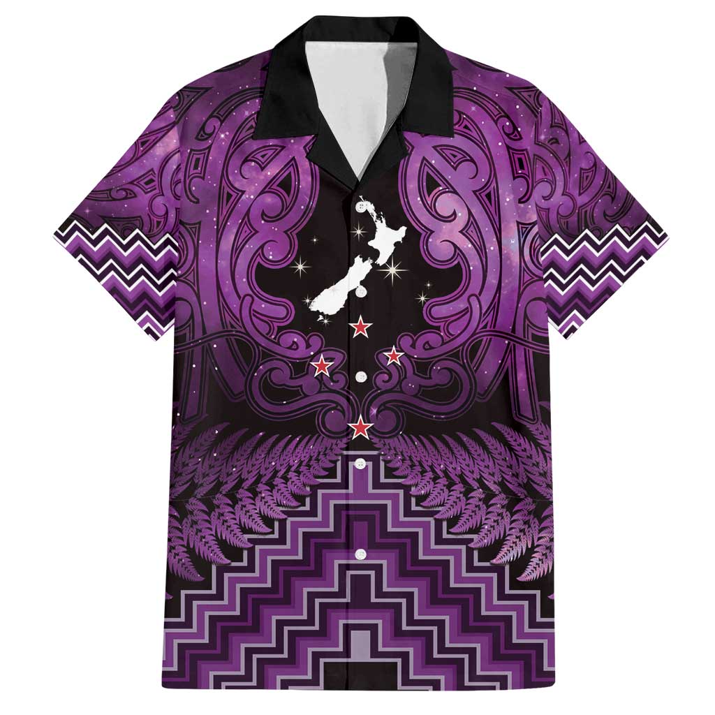 Personalised Aotearoa Matariki Family Matching Tank Maxi Dress and Hawaiian Shirt Purple Fern Maori Poutama LT01 Dad's Shirt - Short Sleeve Purple - Polynesian Pride
