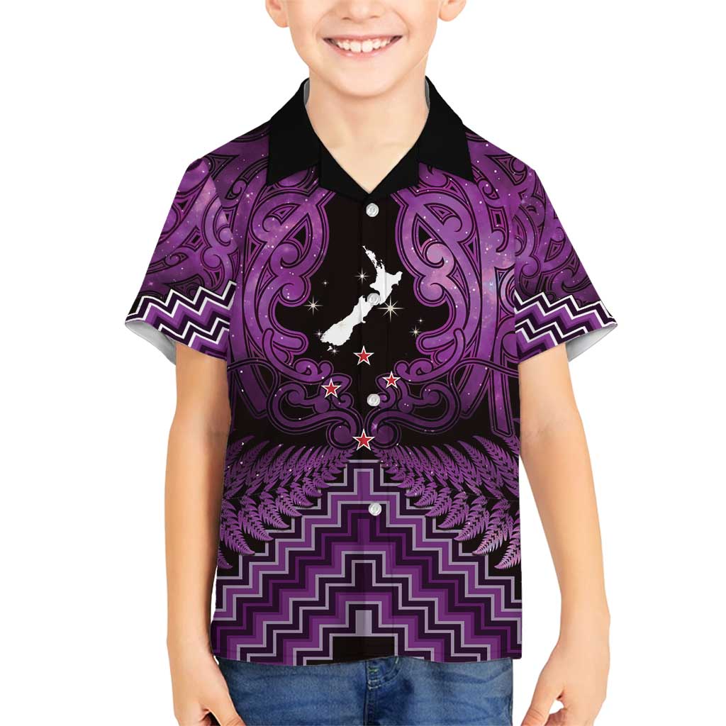 Personalised Aotearoa Matariki Family Matching Tank Maxi Dress and Hawaiian Shirt Purple Fern Maori Poutama LT01 Son's Shirt Purple - Polynesian Pride
