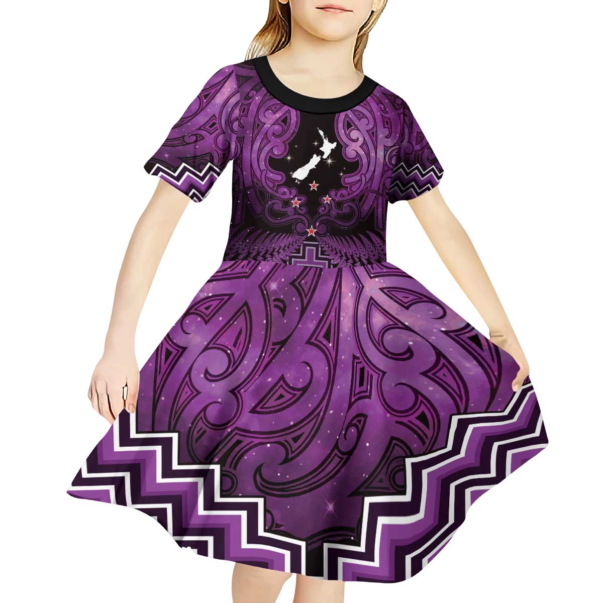 Personalised Aotearoa Matariki Kid Short Sleeve Dress Purple Fern Maori Poutama LT01 - Polynesian Pride