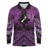 Personalised Aotearoa Matariki Long Sleeve Polo Shirt Purple Fern Maori Poutama LT01 Purple - Polynesian Pride