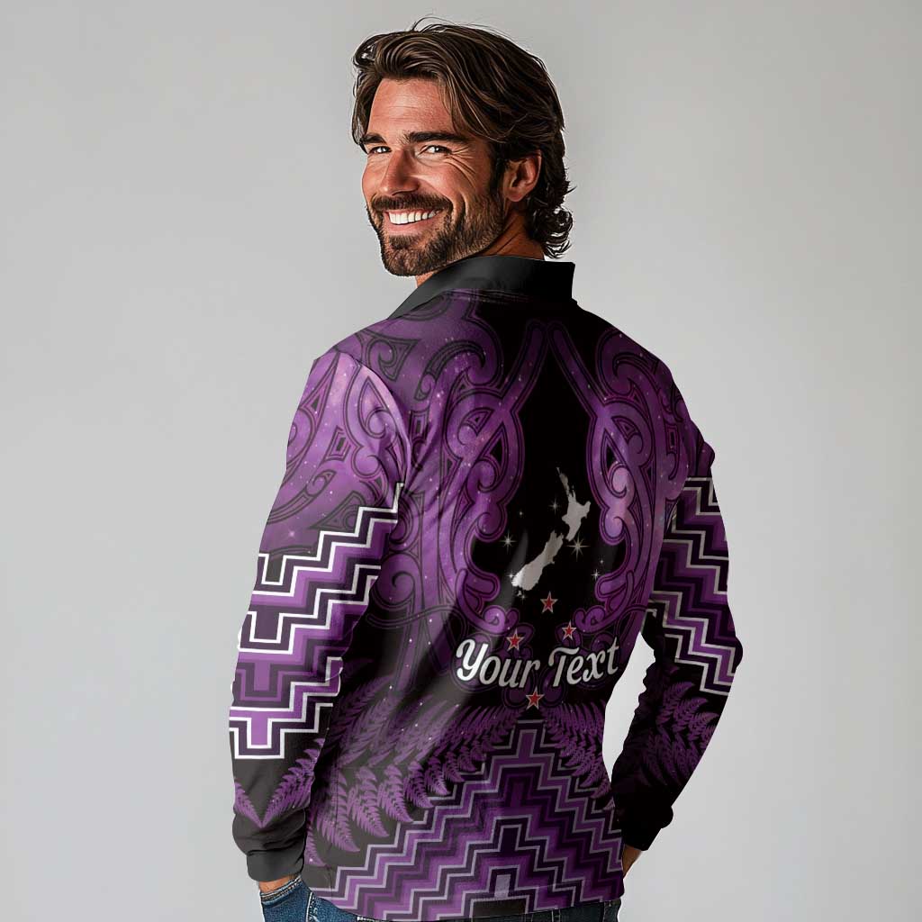Personalised Aotearoa Matariki Long Sleeve Polo Shirt Purple Fern Maori Poutama LT01 - Polynesian Pride