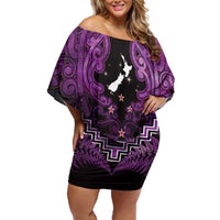 Personalised Aotearoa Matariki Off Shoulder Short Dress Purple Fern Maori Poutama LT01 Women Purple - Polynesian Pride