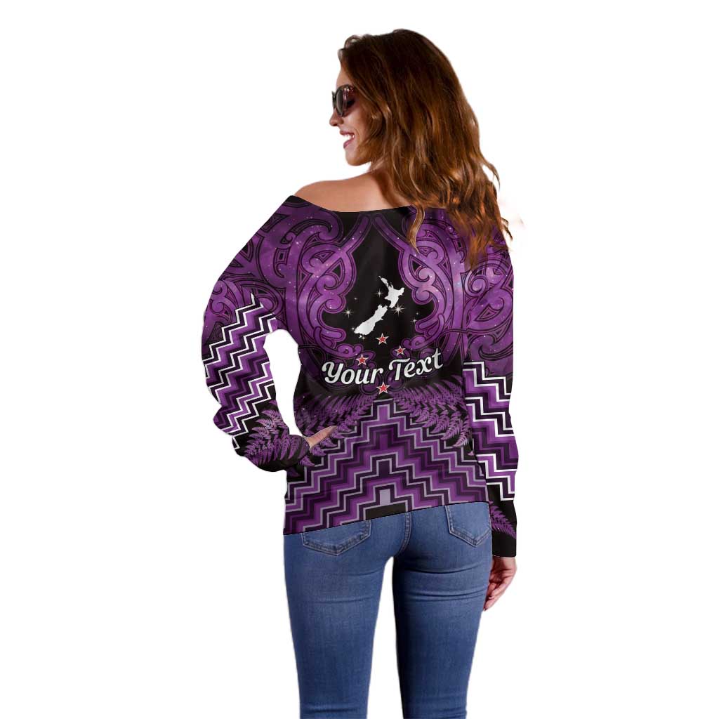 Personalised Aotearoa Matariki Off Shoulder Sweater Purple Fern Maori Poutama
