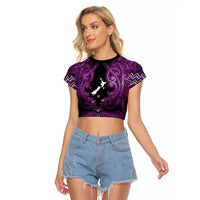 Personalised Aotearoa Matariki Raglan Cropped T Shirt Purple Fern Maori Poutama LT01 Female Purple - Polynesian Pride