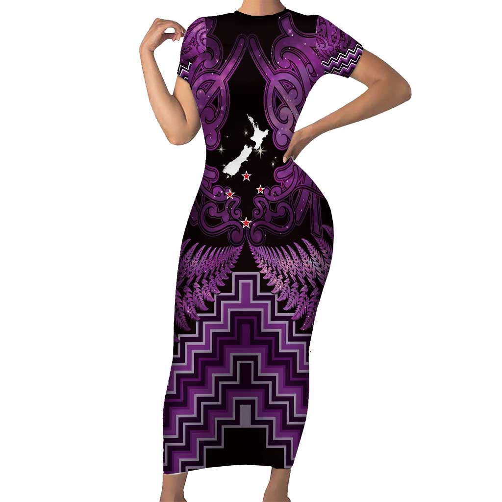 Personalised Aotearoa Matariki Short Sleeve Bodycon Dress Purple Fern Maori Poutama LT01 Long Dress Purple - Polynesian Pride