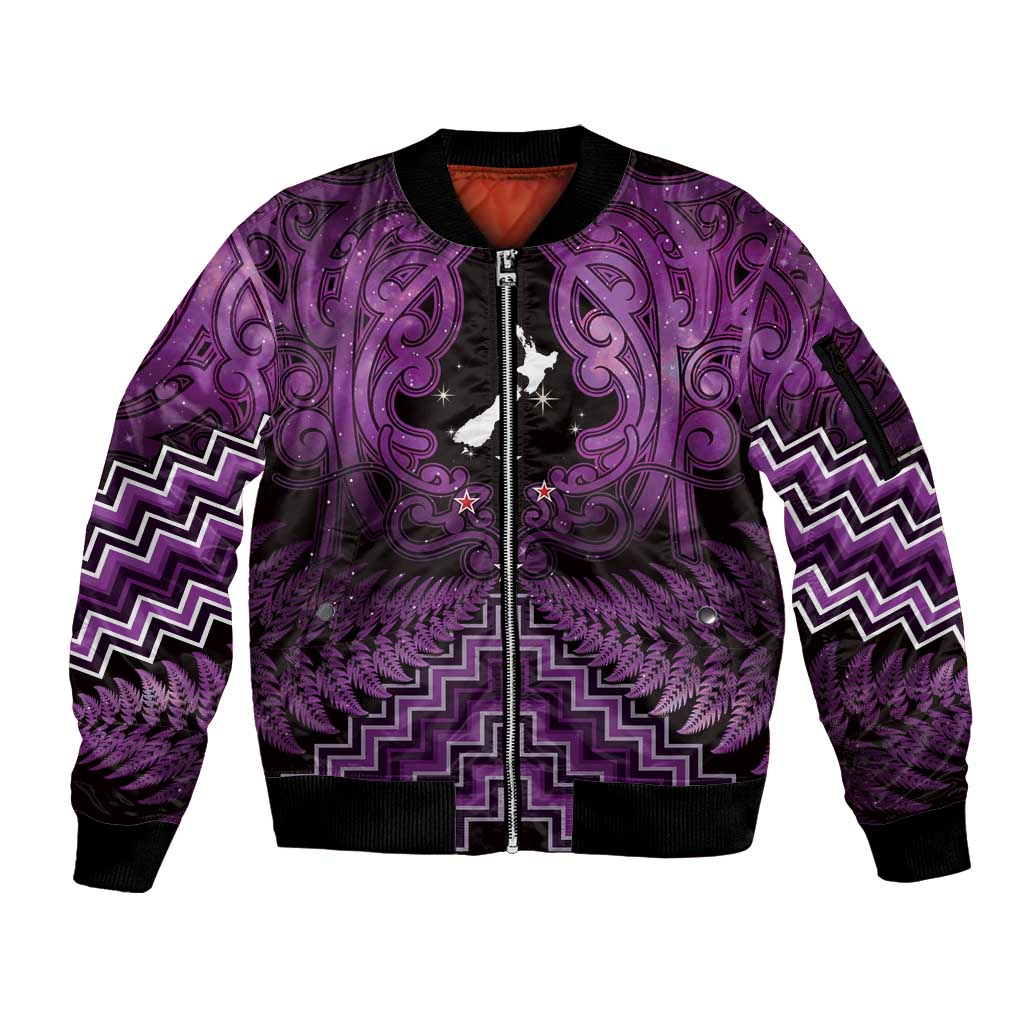 Personalised Aotearoa Matariki Sleeve Zip Bomber Jacket Purple Fern Maori Poutama LT01 Unisex Purple - Polynesian Pride