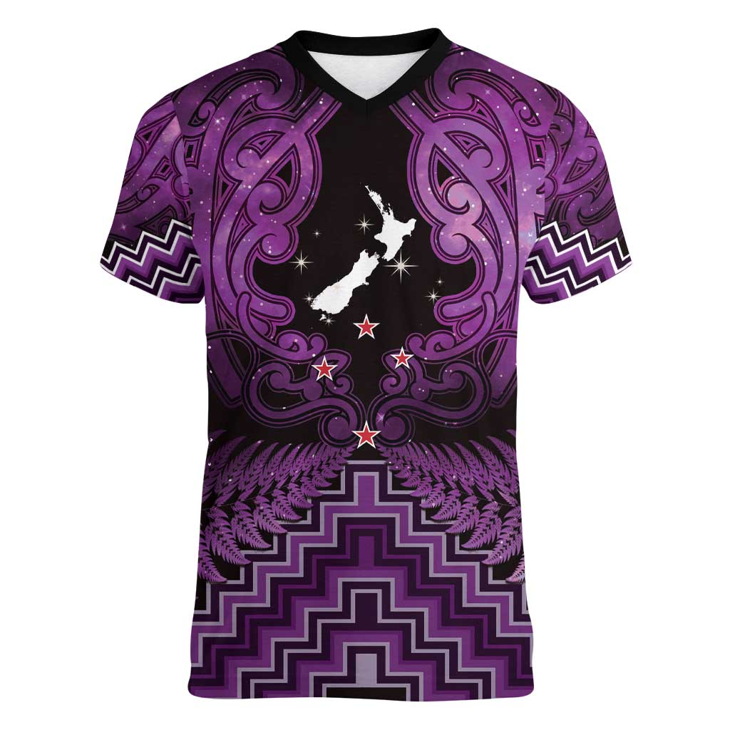 Personalised Aotearoa Matariki Women V-Neck T-Shirt Purple Fern Maori Poutama LT01 Female Purple - Polynesian Pride