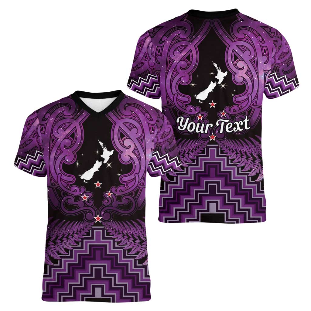 Personalised Aotearoa Matariki Women V-Neck T-Shirt Purple Fern Maori Poutama LT01 - Polynesian Pride