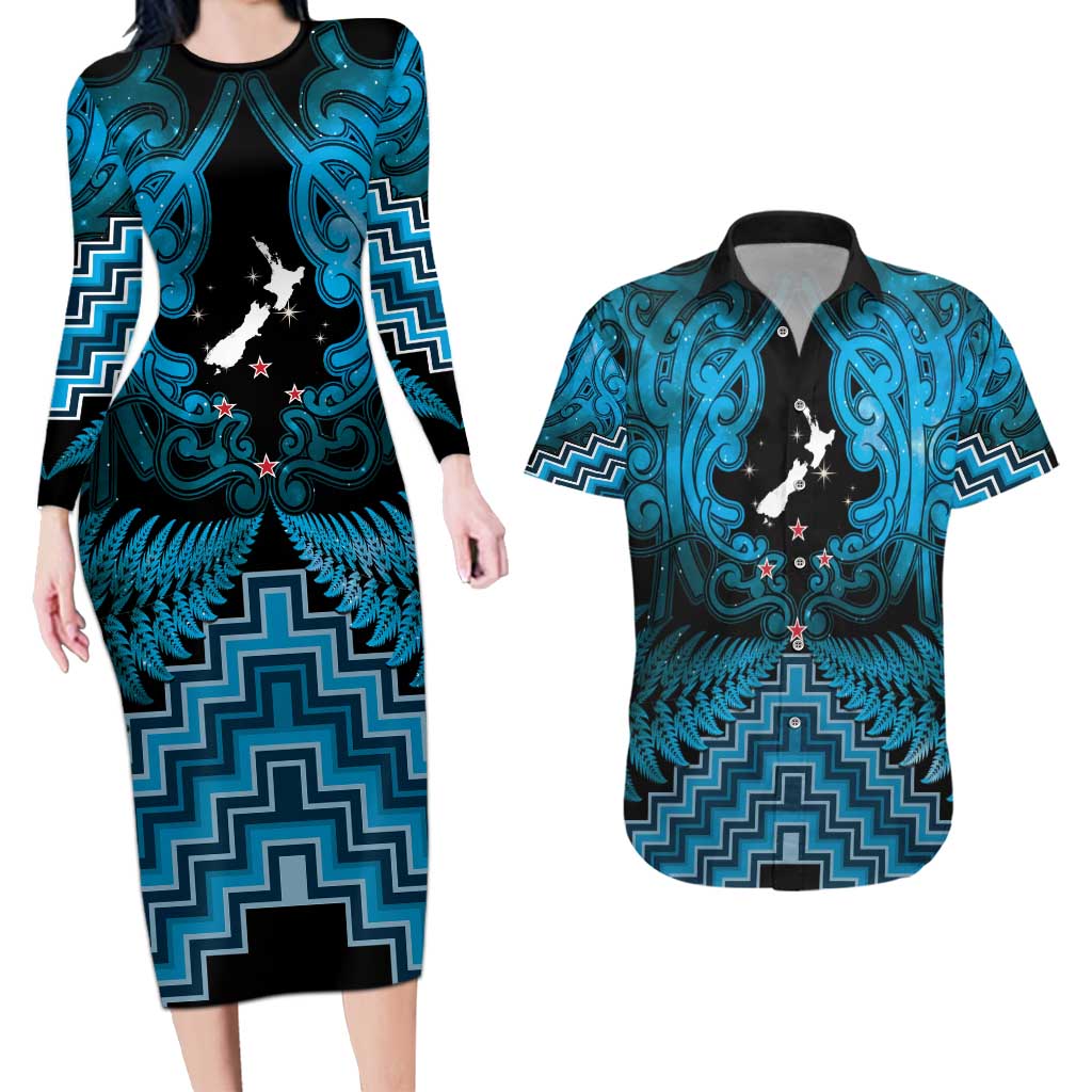Personalised Aotearoa Matariki Couples Matching Long Sleeve Bodycon Dress and Hawaiian Shirt Turquoise Fern Maori Poutama LT01 Turquoise - Polynesian Pride