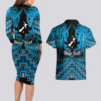 Personalised Aotearoa Matariki Couples Matching Long Sleeve Bodycon Dress and Hawaiian Shirt Turquoise Fern Maori Poutama LT01 - Polynesian Pride