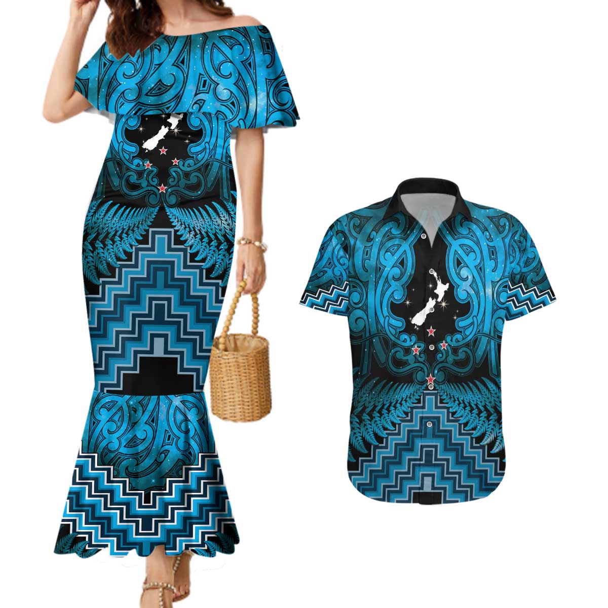 Personalised Aotearoa Matariki Couples Matching Mermaid Dress and Hawaiian Shirt Turquoise Fern Maori Poutama LT01 Turquoise - Polynesian Pride