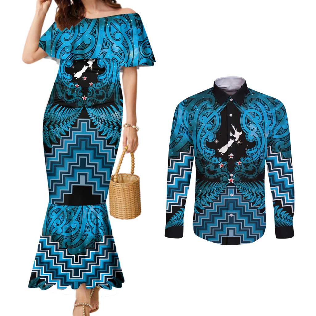 Personalised Aotearoa Matariki Couples Matching Mermaid Dress and Long Sleeve Button Shirt Turquoise Fern Maori Poutama LT01 Turquoise - Polynesian Pride
