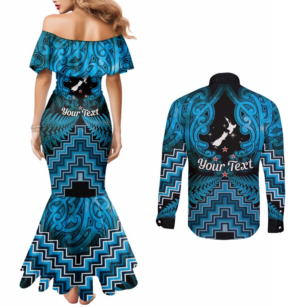 Personalised Aotearoa Matariki Couples Matching Mermaid Dress and Long Sleeve Button Shirt Turquoise Fern Maori Poutama LT01 - Polynesian Pride