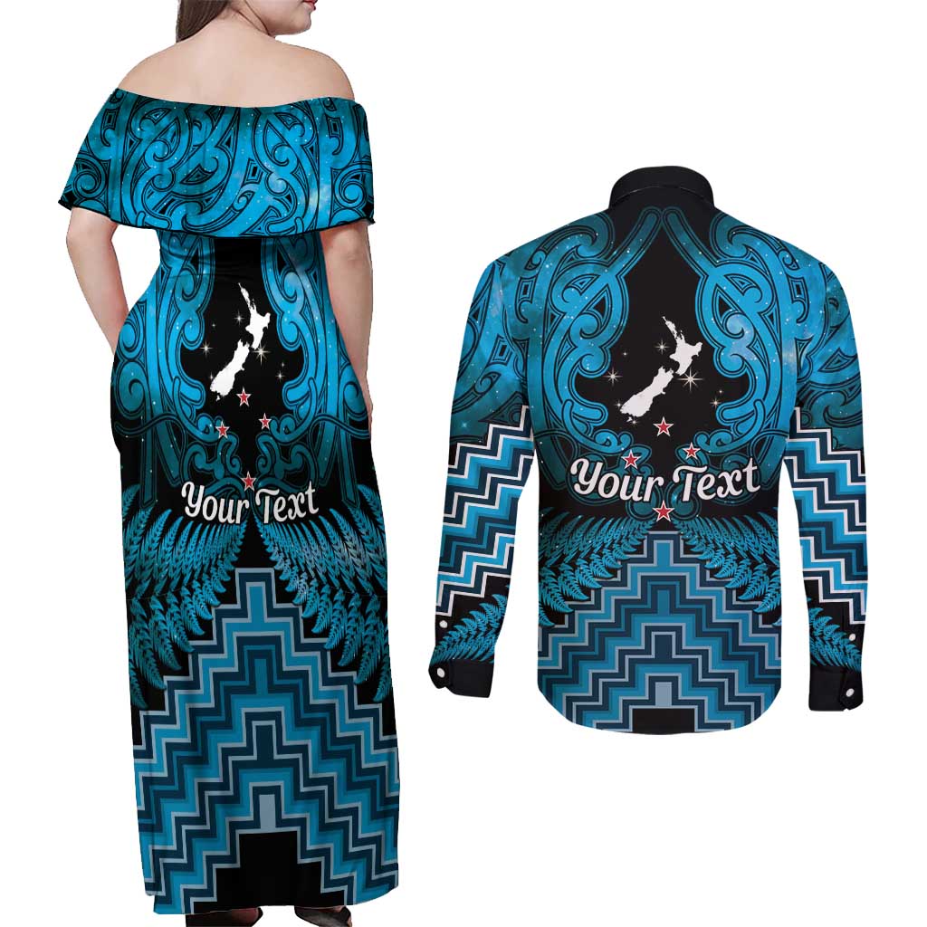 Personalised Aotearoa Matariki Couples Matching Off Shoulder Maxi Dress and Long Sleeve Button Shirt Turquoise Fern Maori Poutama LT01 - Polynesian Pride