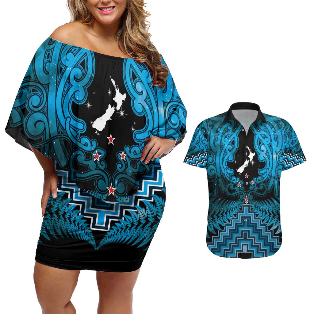 Personalised Aotearoa Matariki Couples Matching Off Shoulder Short Dress and Hawaiian Shirt Turquoise Fern Maori Poutama LT01 Turquoise - Polynesian Pride