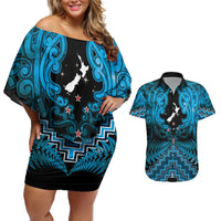 Personalised Aotearoa Matariki Couples Matching Off Shoulder Short Dress and Hawaiian Shirt Turquoise Fern Maori Poutama LT01 Turquoise - Polynesian Pride