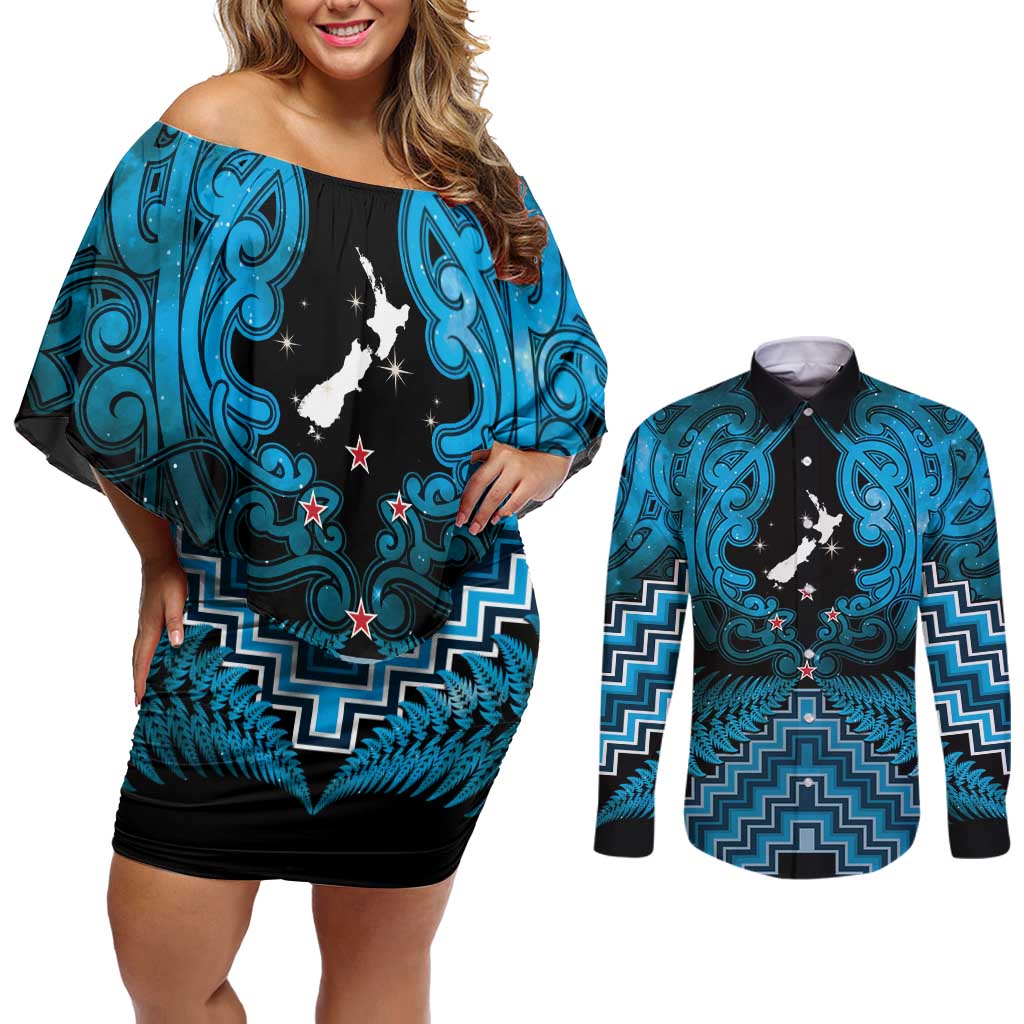 Personalised Aotearoa Matariki Couples Matching Off Shoulder Short Dress and Long Sleeve Button Shirt Turquoise Fern Maori Poutama LT01 Turquoise - Polynesian Pride