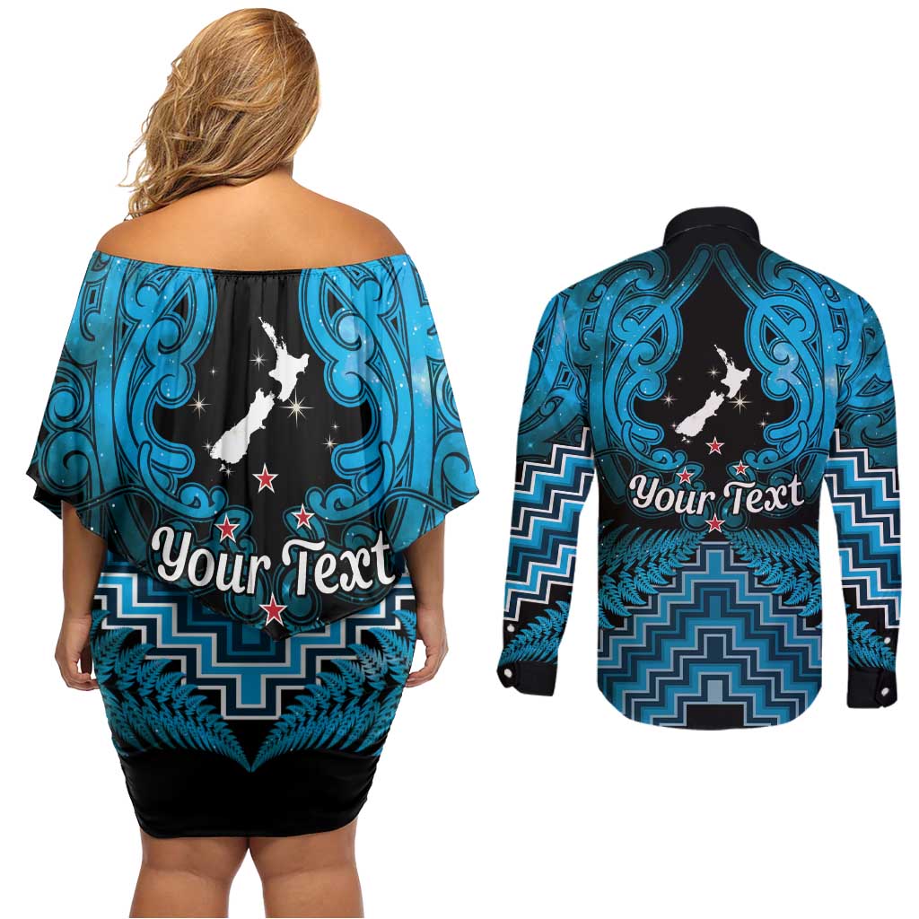 Personalised Aotearoa Matariki Couples Matching Off Shoulder Short Dress and Long Sleeve Button Shirt Turquoise Fern Maori Poutama LT01 - Polynesian Pride