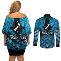 Personalised Aotearoa Matariki Couples Matching Off Shoulder Short Dress and Long Sleeve Button Shirt Turquoise Fern Maori Poutama LT01 - Polynesian Pride