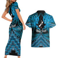 Personalised Aotearoa Matariki Couples Matching Short Sleeve Bodycon Dress and Hawaiian Shirt Turquoise Fern Maori Poutama LT01 - Polynesian Pride