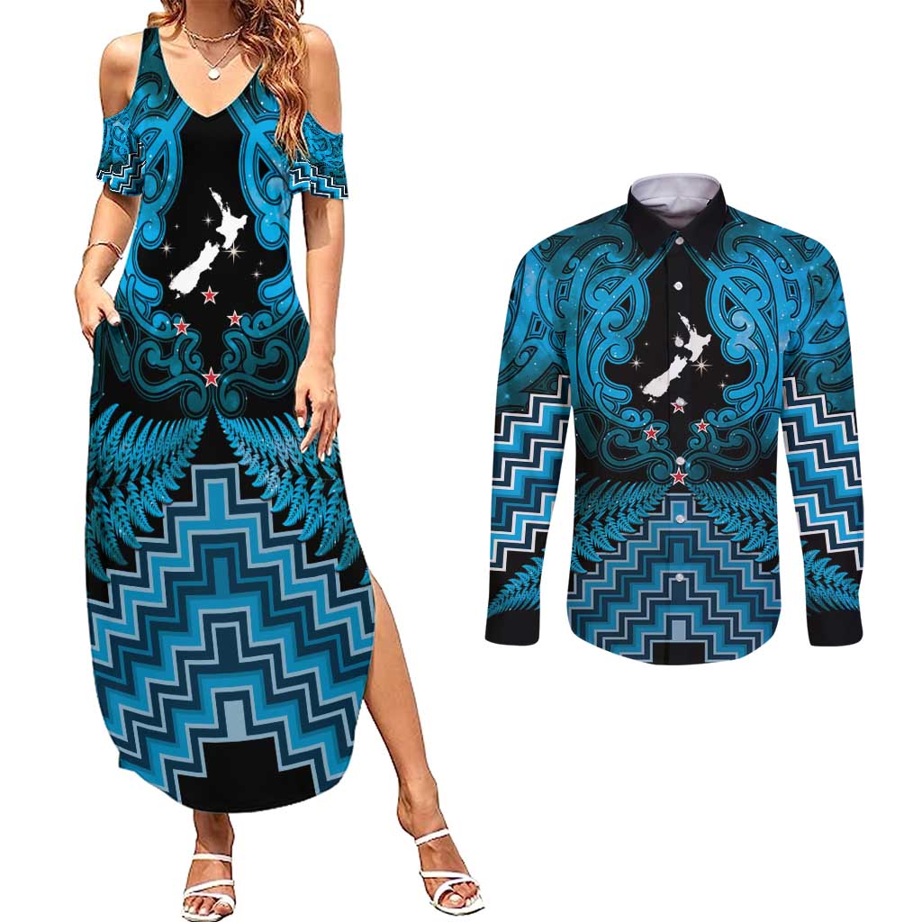Personalised Aotearoa Matariki Couples Matching Summer Maxi Dress and Long Sleeve Button Shirt Turquoise Fern Maori Poutama LT01 Turquoise - Polynesian Pride