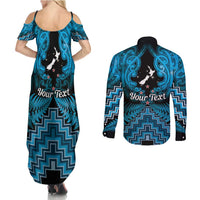 Personalised Aotearoa Matariki Couples Matching Summer Maxi Dress and Long Sleeve Button Shirt Turquoise Fern Maori Poutama LT01 - Polynesian Pride