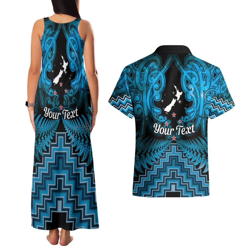 Personalised Aotearoa Matariki Couples Matching Tank Maxi Dress and Hawaiian Shirt Turquoise Fern Maori Poutama LT01 - Polynesian Pride