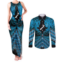 Personalised Aotearoa Matariki Couples Matching Tank Maxi Dress and Long Sleeve Button Shirt Turquoise Fern Maori Poutama LT01 Turquoise - Polynesian Pride