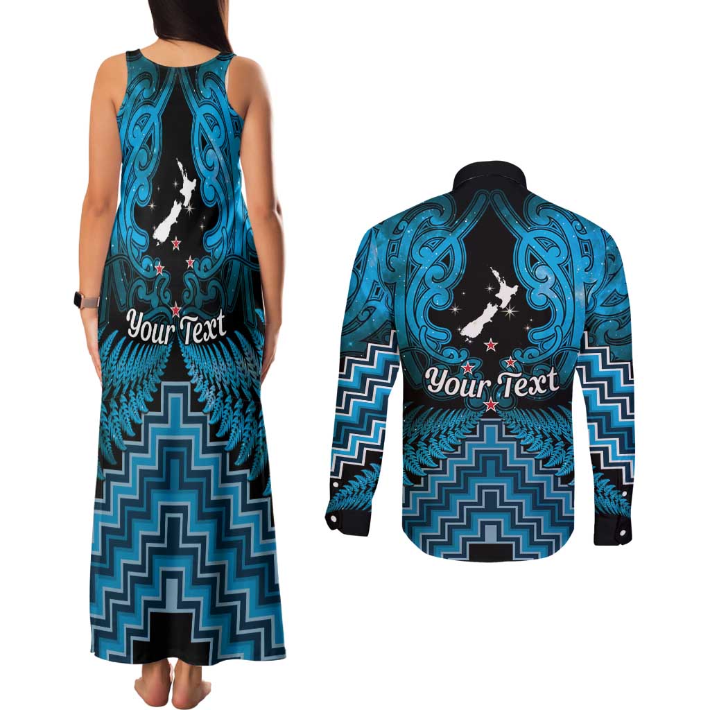 Personalised Aotearoa Matariki Couples Matching Tank Maxi Dress and Long Sleeve Button Shirt Turquoise Fern Maori Poutama LT01 - Polynesian Pride
