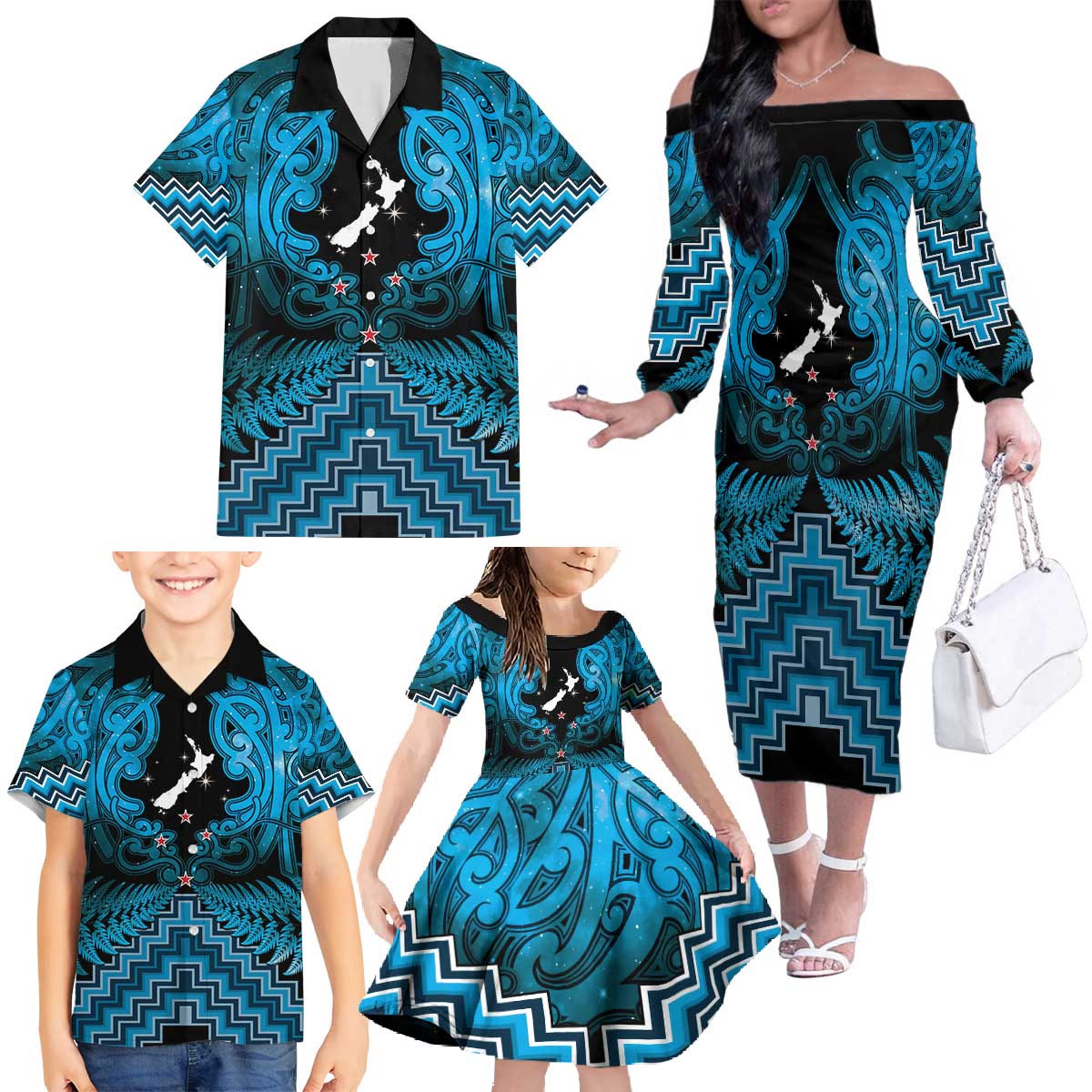 Personalised Aotearoa Matariki Family Matching Off The Shoulder Long Sleeve Dress and Hawaiian Shirt Turquoise Fern Maori Poutama LT01 - Polynesian Pride
