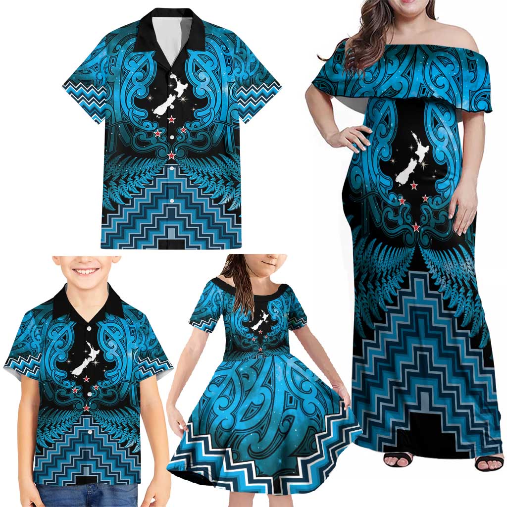 Personalised Aotearoa Matariki Family Matching Off Shoulder Maxi Dress and Hawaiian Shirt Turquoise Fern Maori Poutama LT01 - Polynesian Pride