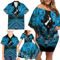 Personalised Aotearoa Matariki Family Matching Off Shoulder Short Dress and Hawaiian Shirt Turquoise Fern Maori Poutama LT01 - Polynesian Pride