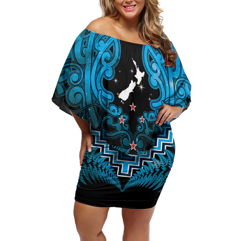 Personalised Aotearoa Matariki Family Matching Off Shoulder Short Dress and Hawaiian Shirt Turquoise Fern Maori Poutama LT01 Mom's Dress Turquoise - Polynesian Pride