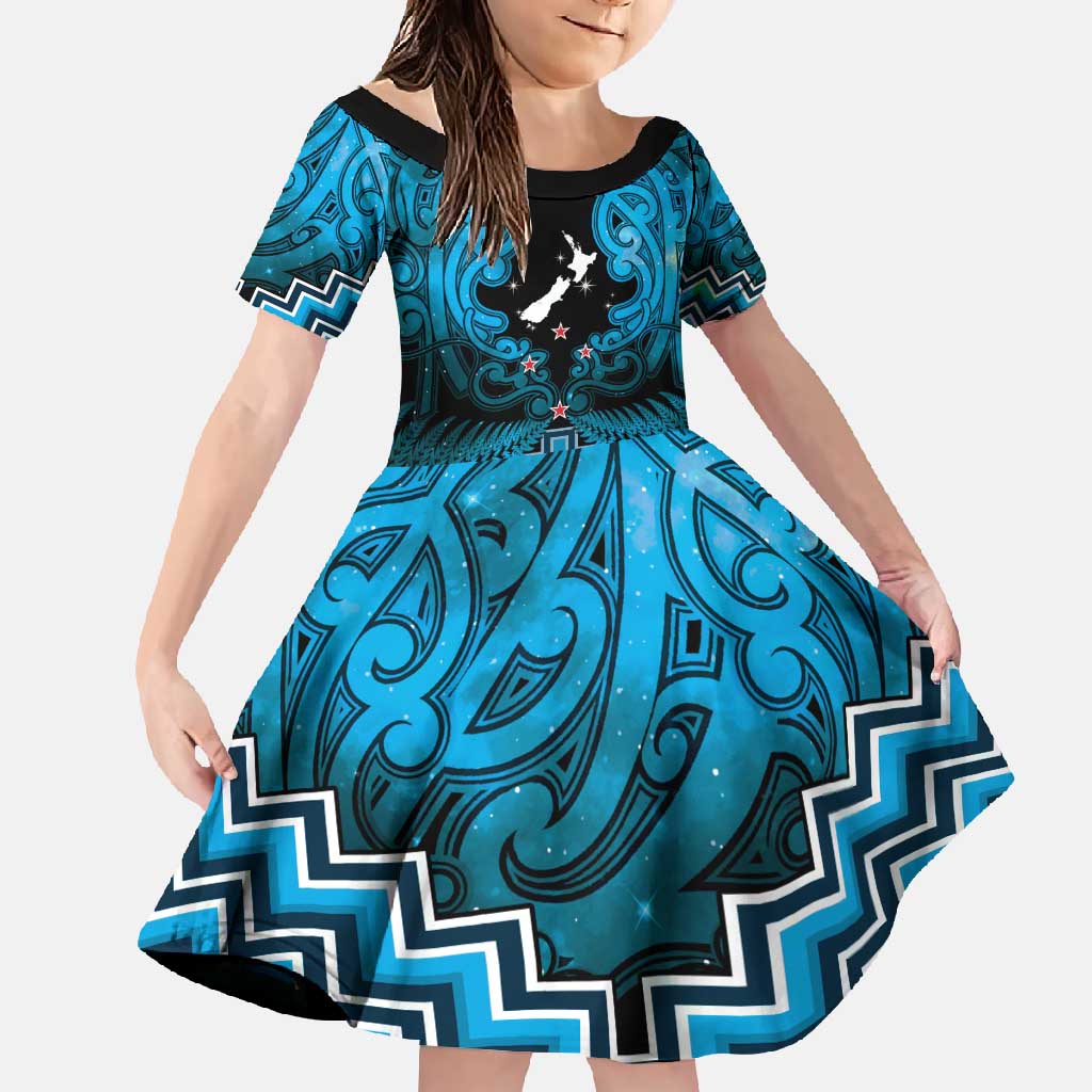Personalised Aotearoa Matariki Family Matching Short Sleeve Bodycon Dress and Hawaiian Shirt Turquoise Fern Maori Poutama LT01 Daughter's Dress Turquoise - Polynesian Pride