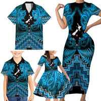 Personalised Aotearoa Matariki Family Matching Short Sleeve Bodycon Dress and Hawaiian Shirt Turquoise Fern Maori Poutama LT01 - Polynesian Pride
