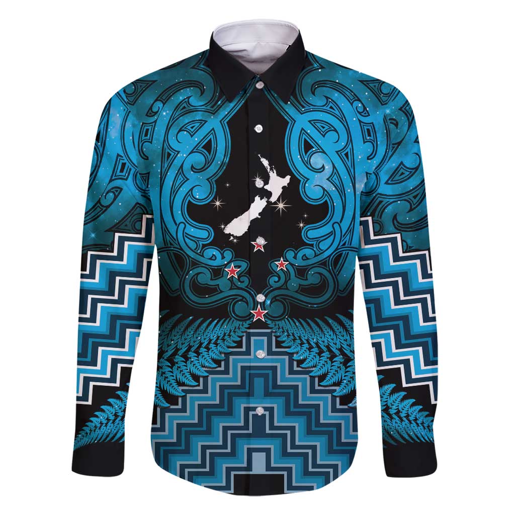 Personalised Aotearoa Matariki Family Matching Tank Maxi Dress and Hawaiian Shirt Turquoise Fern Maori Poutama LT01 Dad's Shirt - Long Sleeve Turquoise - Polynesian Pride