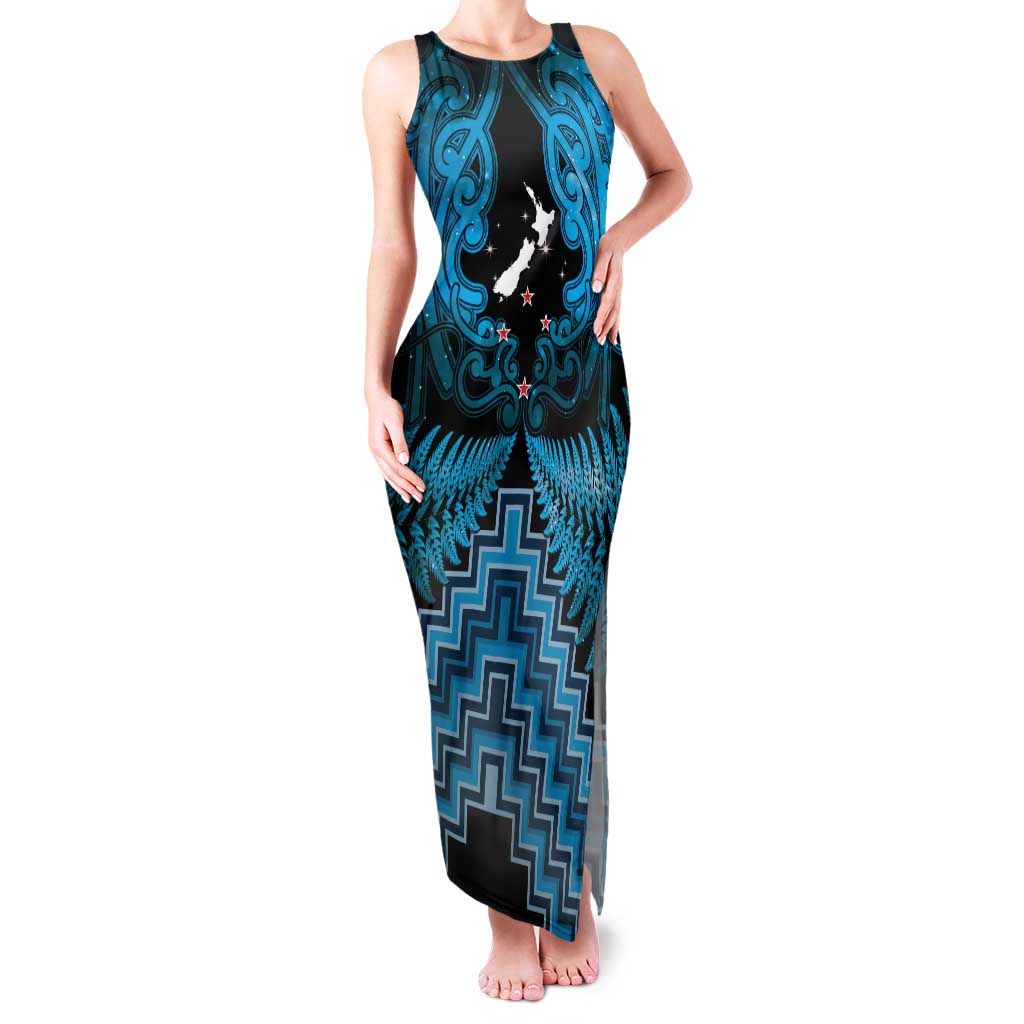 Personalised Aotearoa Matariki Family Matching Tank Maxi Dress and Hawaiian Shirt Turquoise Fern Maori Poutama LT01 Mom's Dress Turquoise - Polynesian Pride