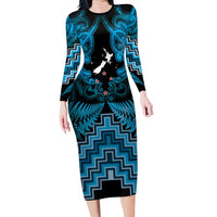 Personalised Aotearoa Matariki Long Sleeve Bodycon Dress Turquoise Fern Maori Poutama LT01 Long Dress Turquoise - Polynesian Pride