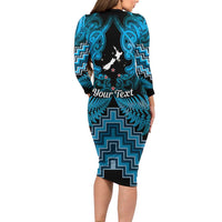 Personalised Aotearoa Matariki Long Sleeve Bodycon Dress Turquoise Fern Maori Poutama LT01 - Polynesian Pride