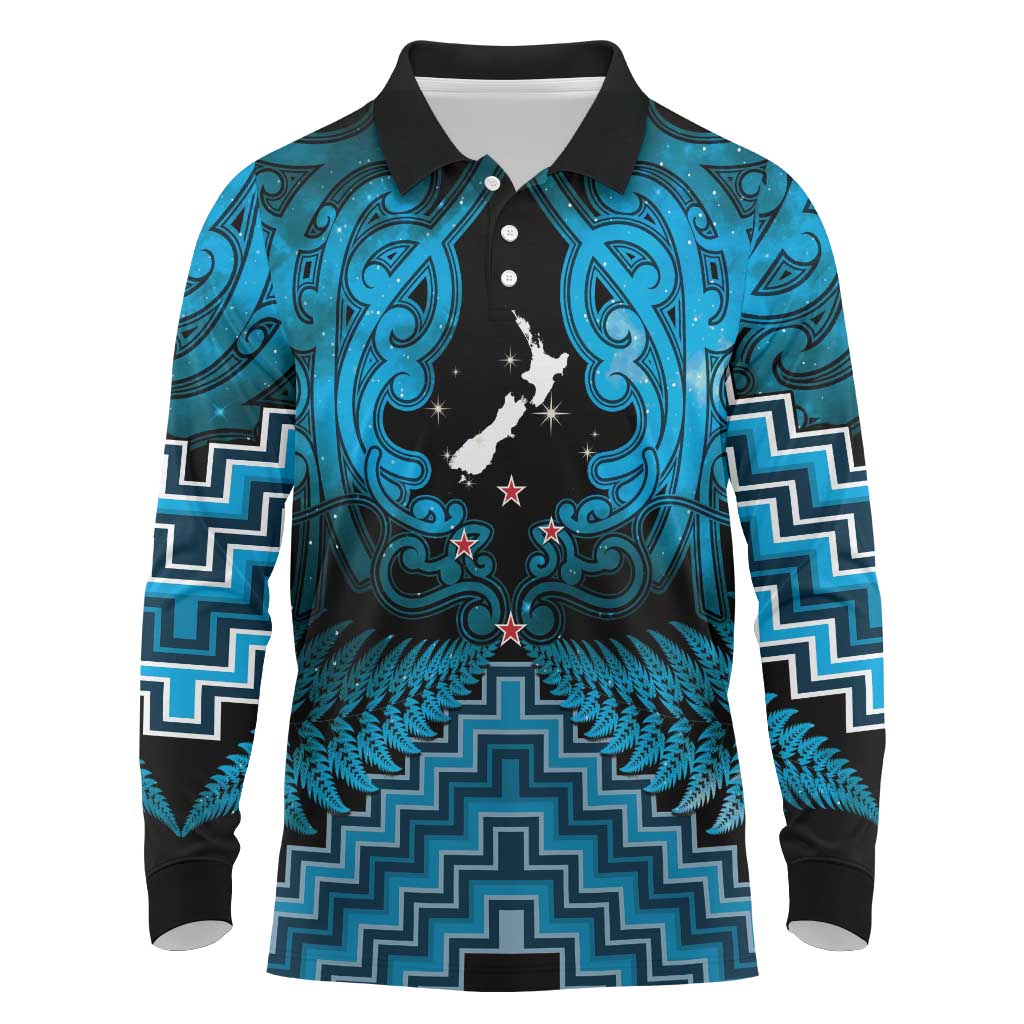 Personalised Aotearoa Matariki Long Sleeve Polo Shirt Turquoise Fern Maori Poutama LT01 Turquoise - Polynesian Pride