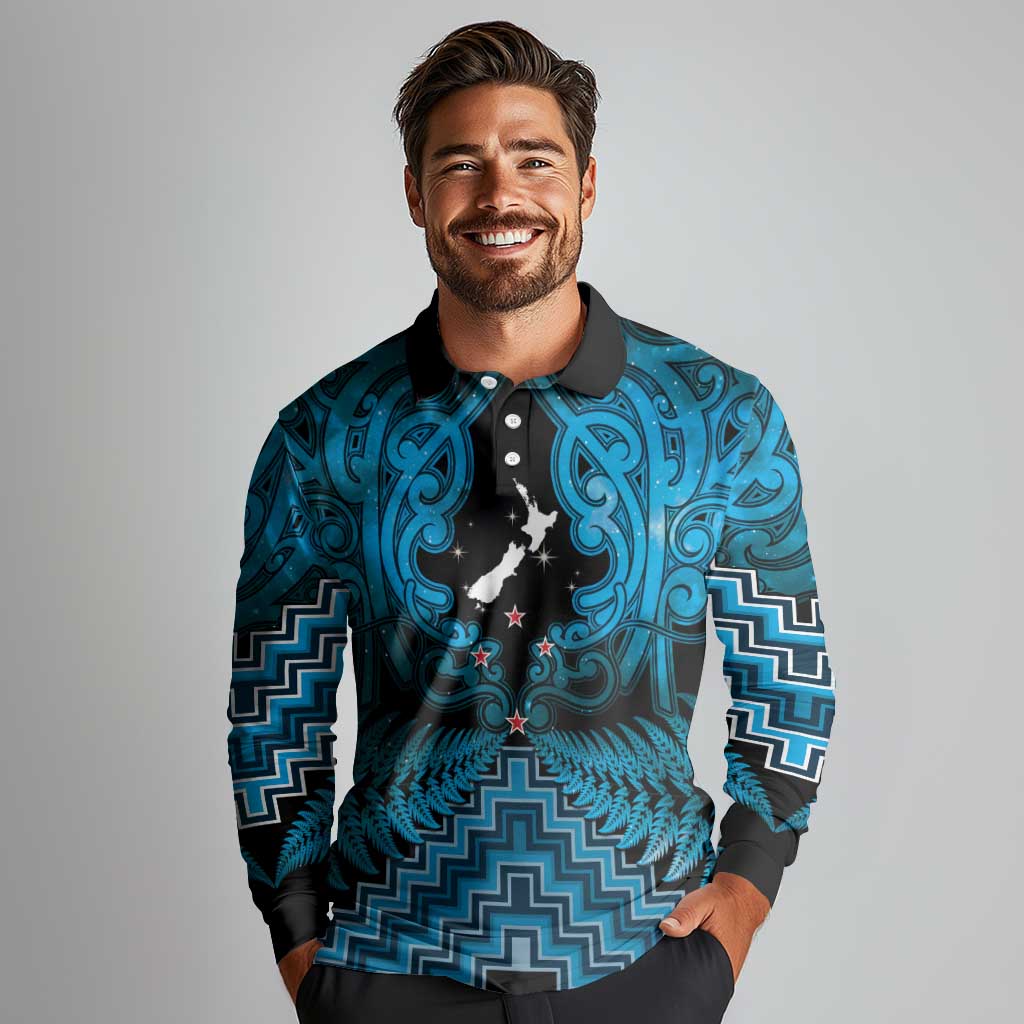 Personalised Aotearoa Matariki Long Sleeve Polo Shirt Turquoise Fern Maori Poutama LT01 - Polynesian Pride