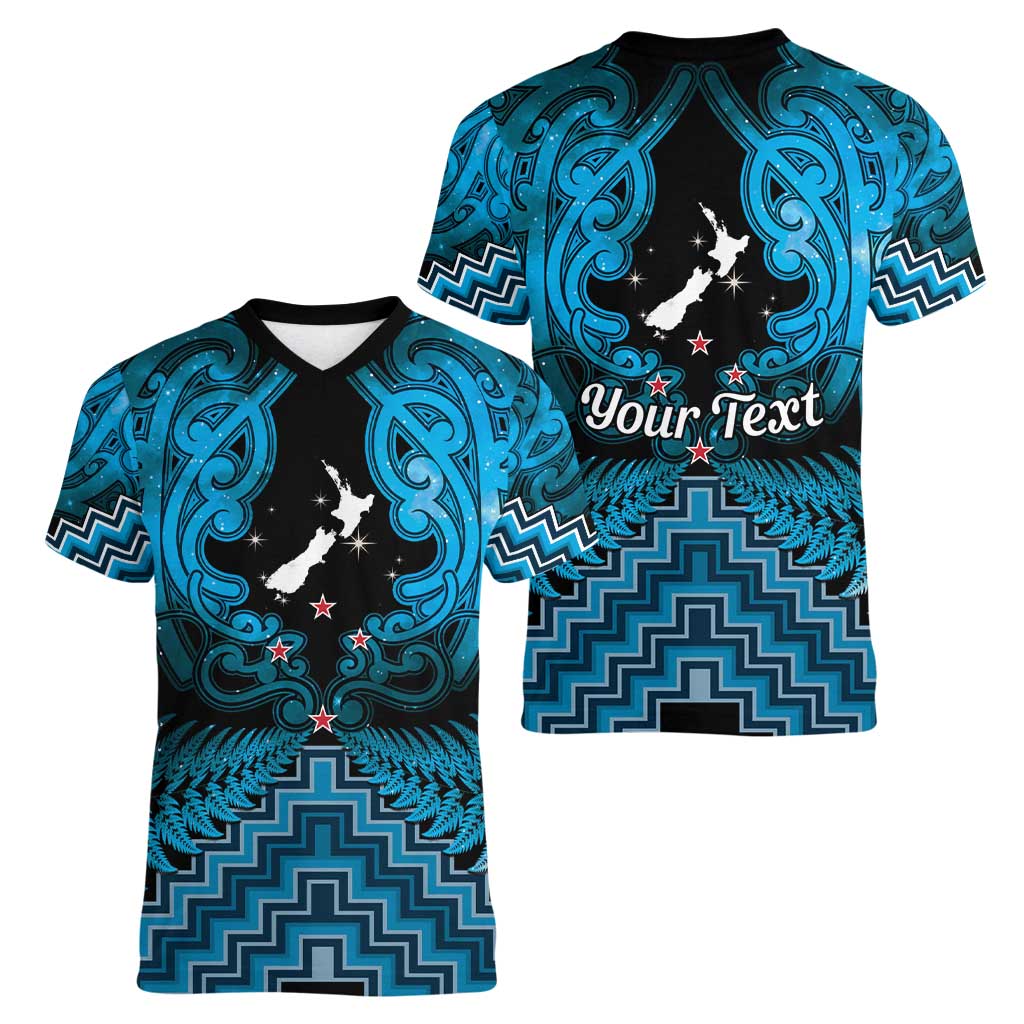 Personalised Aotearoa Matariki Women V-Neck T-Shirt Turquoise Fern Maori Poutama LT01 - Polynesian Pride