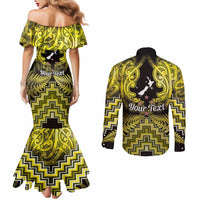 Personalised Aotearoa Matariki Couples Matching Mermaid Dress and Long Sleeve Button Shirt Yellow Fern Maori Poutama LT01 - Polynesian Pride
