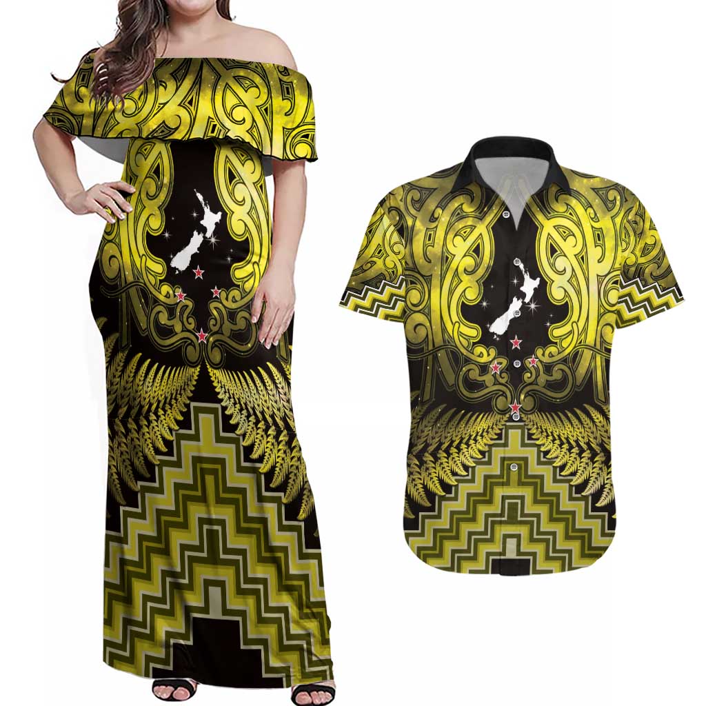 Personalised Aotearoa Matariki Couples Matching Off Shoulder Maxi Dress and Hawaiian Shirt Yellow Fern Maori Poutama LT01 Yellow - Polynesian Pride