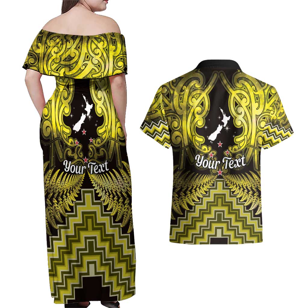 Personalised Aotearoa Matariki Couples Matching Off Shoulder Maxi Dress and Hawaiian Shirt Yellow Fern Maori Poutama LT01 - Polynesian Pride